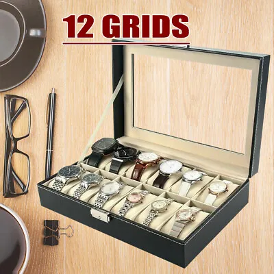 £13.49 • Buy 12 Grid Glass Top Display Watch Box Case Organizer For Women Men Jewelry Storage