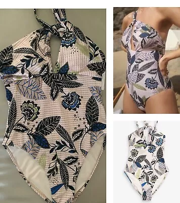 NEXT Neutral Leaf Print One Shoulder Cut-Out Swimsuit Size 8 Lightly Padded Cups • £15.99