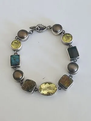 Vintage Sterling Silver 925 Mabe Pearl Labradorite Peridot Link Toggle Bracelet • $169.99