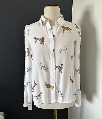 MNG Suit Mango White Dogs Button Down Blouse Shirt Sz S 4 Long Sleeve • $31.49