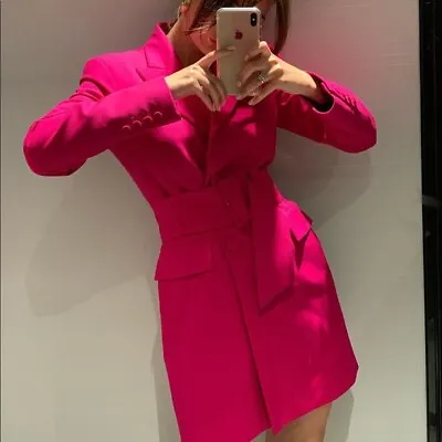 $63.99 • Buy Zara Pink Fuchsia Long Sleeve Double Breasted Blazer Coat With Belt 2865/808 Xs