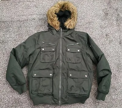 Brave Soul Mens XL Bomber Fur Hooded Khaki Coat Thick Zip Up • £21