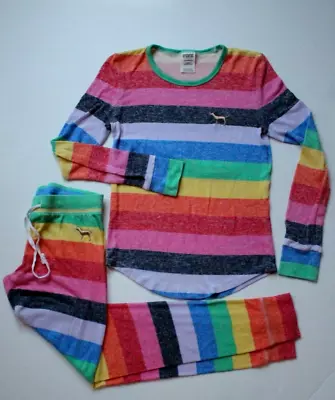 Victoria Secret Pink Womens  2pc Sleepwear PJ Set Sz XSmall Rainbow Striped • $14.99