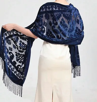 Vintage Silk Blend  Blue  Velvet Devore Scarf /small Shawl Wrap Elegant • £12.99