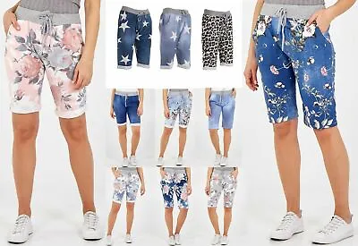 Ladies Women's Stretch Denim Knee Length Shorts Printed 3/4 Long Trousers Pants • £10.99