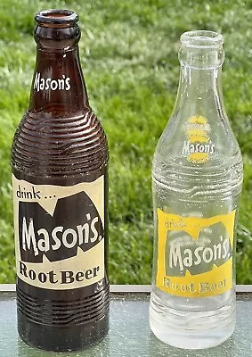 2 Vintage 1955 & 1960's Mason's Root Beer Brown & Clear Soda Bottles Advertising • $19.67