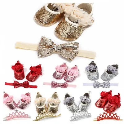 Newborn Baby Girl Pram Shoes Infant Paillette Mary Janes Princess Dress Shoes • £5.99