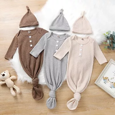 Newborn Baby Sleeping Bag Sleeper Knotted Night Gown With Hat Sleepsuit Outfit • £17.99