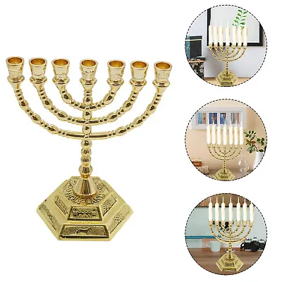 7 Branch Hanukkah Menorah Jewish Vintage Golden Chanukah Candle Holder Gold • £9.89