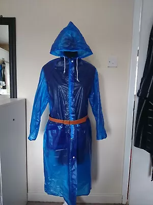 Vintage Blue Shiny Semi Transparent Hooded Pvc Vinyl Raincoat Mac • $49.79