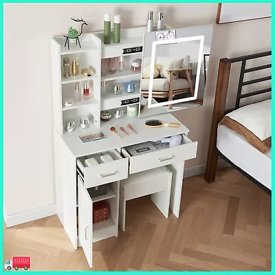 Bedroom Makeup Dresser With Sliding LED Mirror Stool Dressing Table Vanity Set • £148.75