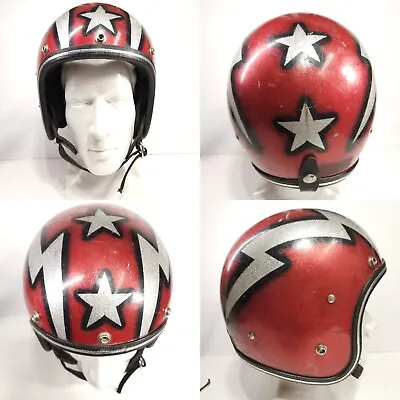 Vtg 1970s Red Metal Flake Motorcycle Helmet Stars Lightning Biker Chopper Outlaw • $149.99