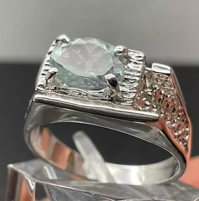 1.505 Ct Ice Blue Mined Aquamarine .925 Sterling Silver Mens Retro Ring Sz 9.75 • $68