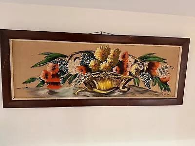 Mid Century Original Painting On Fabric Board Wood Framed 40  X 15.5  • $112