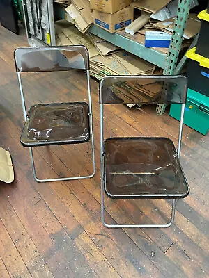 Vintage Lot Of 2 Smoked Plastic And Chrome Folding Chair Made Italy Mid Century • $300