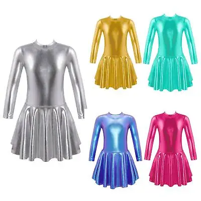 Girls Shiny Metallic Long Sleeve Ballet Dance Dress Gymnastics Leotard Dancewear • £4.99