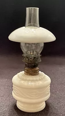 Antique WHITE MILK GLASS MINIATURE LAMP-EMBOSSED VINE/LEAF DESIGN-Kero/Oil-6.75  • $39.99