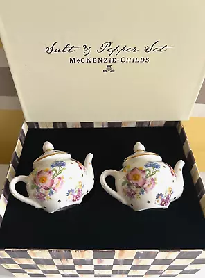 New MacKenzie-Childs Salt Pepper Shaker Set FLOWER Market Teapot Floral Ceramic • $44.99