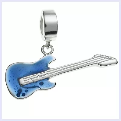 Sterling Silver Guitar Blue Enamel Music Dangle Bead For European Charm Bracelet • $18.98