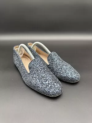 J. Crew Darby Glitter Sparkle Embellished Flat Slip On Loafers Shoes Blue • $30