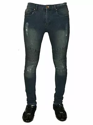 New Stone Edge Mens Skinny Super Stretch Fit Biker Denim Jeans All Waist Sizes • £14.99