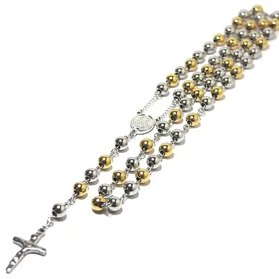 Mens Chain Gold Silver Tone Bead Rosary Stainless Steel Cross Pendant Necklace • $5.49