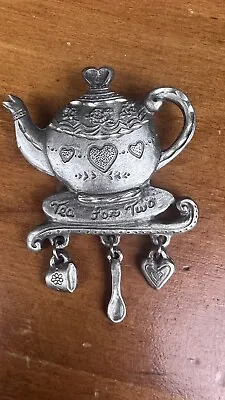 Vintage SPOONTIQUES Etched Pewter TEA FOR TWO Teapot Brooch Pin Dangle Charms • £19