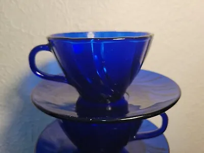 Set Of 4 Duralex Vereco Rivage Cobalt Blue Glass Cups & Saucers   • $18