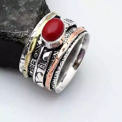 Coral Three Tone Spinner Gemstone Ethnic Band Ring Jewelry US Size-8.5 AR 17066 • $3.99