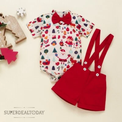 Baby Boys Christmas Santa Cotton Red Outfit Clothes Top Pants Party Size 0-2 Yrs • $25.95