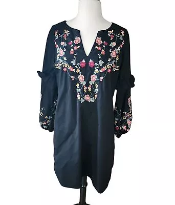 Braeve By Evereve Black Embroidered Long Sleeve Millie Shift Dress Size M • $24.97