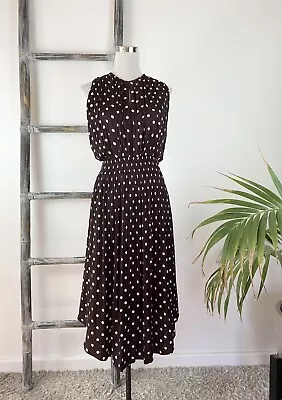 $59 • Buy Witchery Chocolate Brown Dotted Pleat Fluid Sleeveless Midi Dress - Size 16