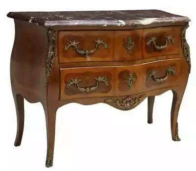 Commode French Louis XV Style Marble-Top Mahogany Floral Marquetry Gilt Metal • $1495