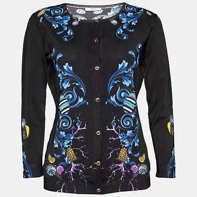 Versace Collection Black Floral Printed Silk Knit Cardigan M • $101.85