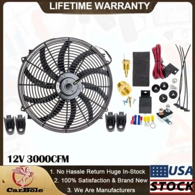 $62.99 • Buy 16  Electric Radiator Cooling Fan 12V 3000CFM Thermostat Wiring Switch Relay Kit