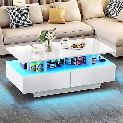 LED Coffee Table Wooden 4 Drawer Storage High Gloss Modern Living Room Furniture • £99.99