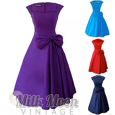 New Vintage 1950s 60s Rockabilly Blue Purple Black Bow Swing Party Evening Dress • £11.99