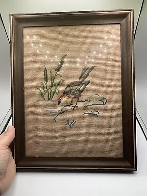 Vintage Handmade Needlepoint Bird Picture In Wooden Frame • $16
