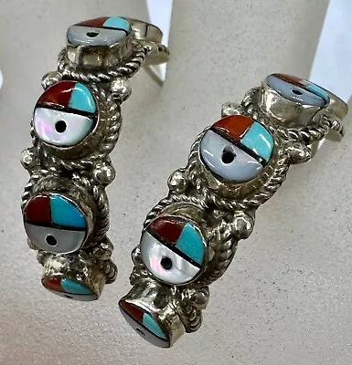 Vintage Sterling Silver Turquoise Coral Shell Onyx Multi Kachina Zuni Earrings • $99.99