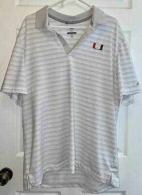 Miami Hurricanes White And Gray Striped ADIDAS Polo DRI FIT Collared Shirt XL • $19