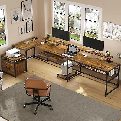 U Shaped DeskReversible L Shaped Home Office Desk With File Drawer&Power Outlet • $229.97