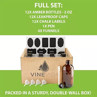 VINEVIDA 8 Oz Amber Boston Glass Bottles 12 Pack With Caps Chalk Labels Funnels  • $19.99