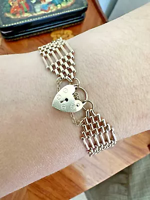 Hallmarked 9Ct Yellow Gold 6 Bar Gate Bracelet 14.4mm 12.13Gr + 9Ct Heart Clasp • £499.90