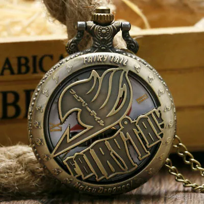 Retro Bronze Anime Fairy Tail Men Women Quartz Pocket Watch Necklace Chain Gift • £5.15