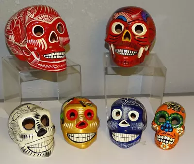 SUGAR SKULL Day Of The Dead Mexican Folk Art Lot Of 6 Clay Pottery Ceramic • $99.99