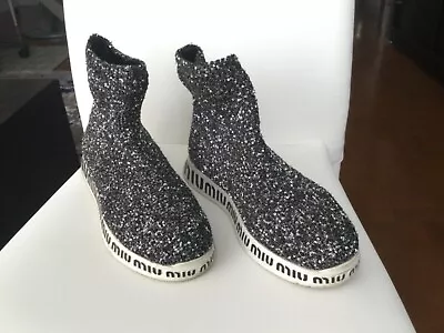 Miu Miu Prada Boots Shoes Snickers Pull On Black Silver Sequins Size 38.5 • $379