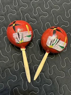 Pair Of Vintage Wooden Maracas Hand Painted Mexico Percussion Shaker • $15