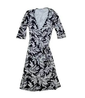 CAbi Women Size Medium Navy Blue White Leaf Print Jersey V-Neck Midi Wrap Dress • $25.46
