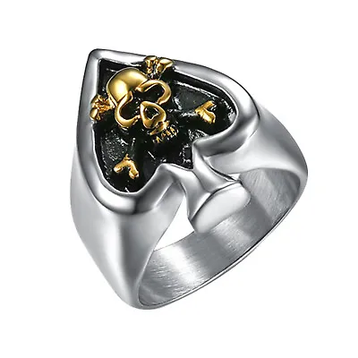 Men's Vintage Gothic Ace Of Spades Skull Biker Ring Stainless Steel Band #8-13 • $13.99