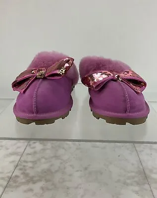 UGG Coquette Pink Suede Sheepskin Sequin Bow Mule Slippers Size 7 • $40